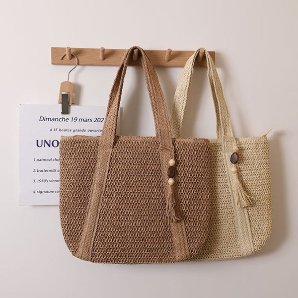 Camel Woven Summer Tote Bag With Tassel