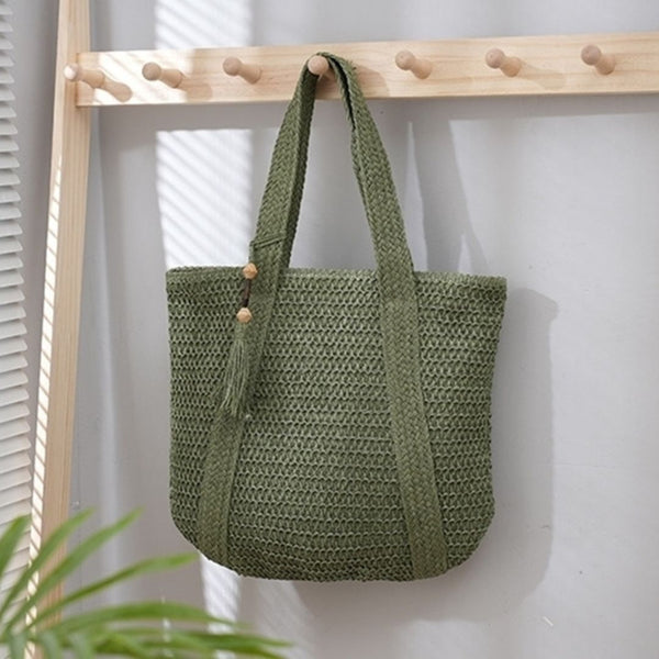 Green Woven Summer Tote Bag With Tassel