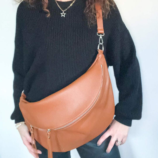 XL Slouchy Tan Leather Bum Bag / Sling Bag