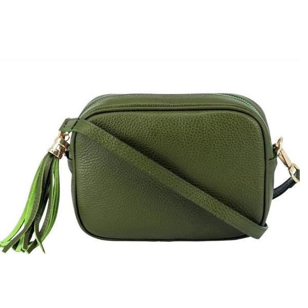 Khaki Green | Olive Leather "Florrie" Cross Body Tassel Bag