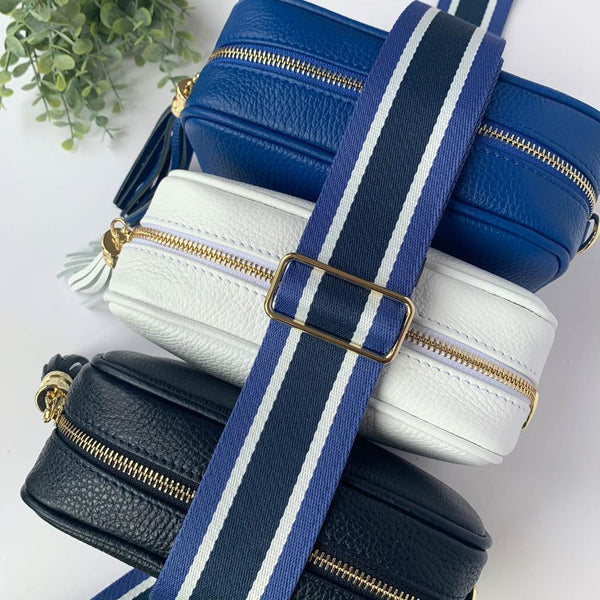 blue and white stripe bag strap