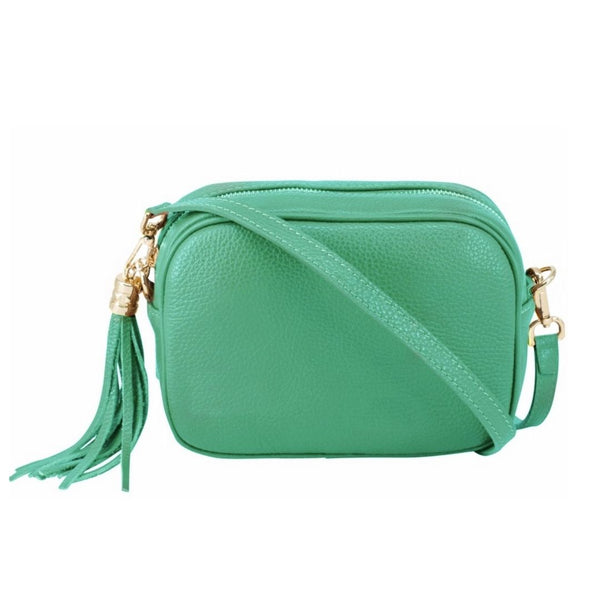 Aqua Green Leather "Florrie" Cross Body Tassel Bag